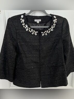 Joan Rivers M Crop Jacket Black Silver Metallic Shimmer Beads and faux Pearls